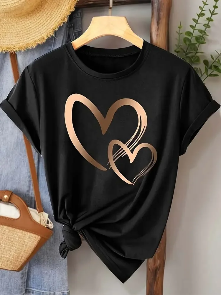 Summer New Fashion Women's Heart Printed T-shirt Trendy Casual Round Neck Top Short Sleeves Women T-shirt Women Clothing image 4