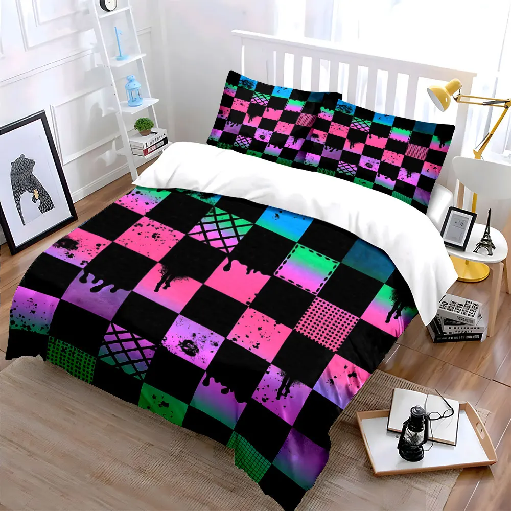 Colorful grid patterns on black background Printed Duvet Cover Set 1 Duvet Cover+2 Pillowcase Multi Size Bedroom Bedding Decor