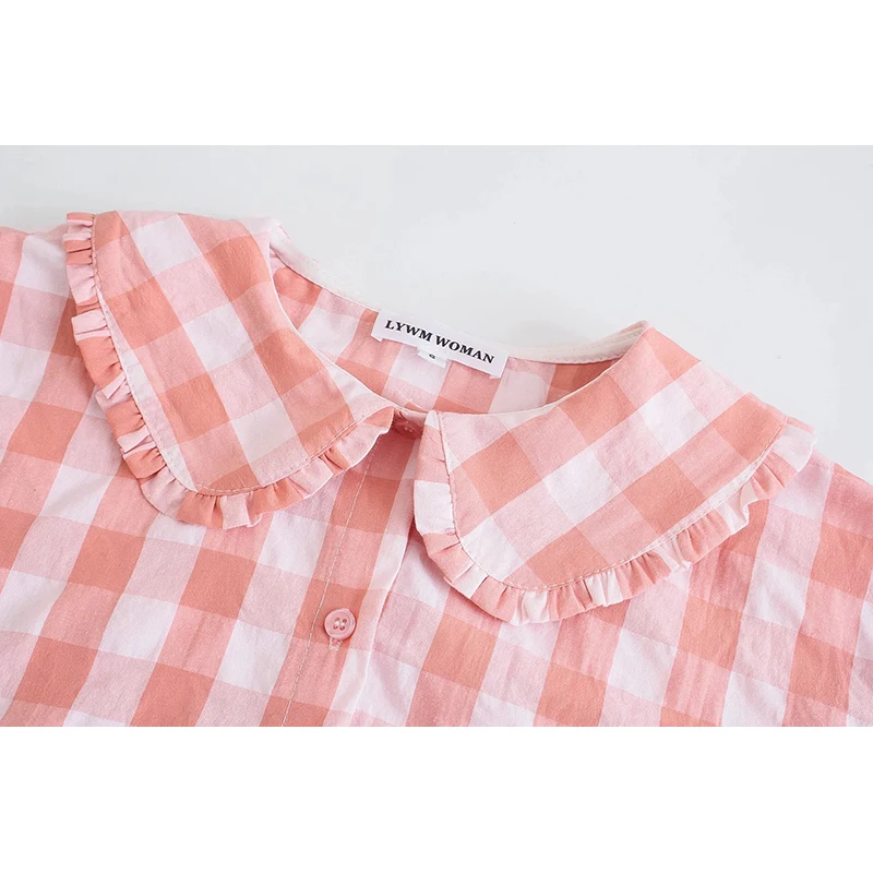 SIYANG Women Sweet Plaid Peter Pan Collar Shirts Female Pockets Decoration Blouses Ladies Casual Tops