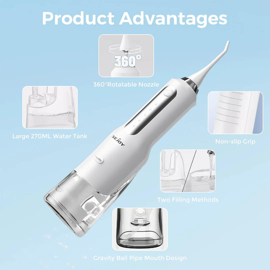 Sejoy جهاز تنظيف الأسنان بالماء الكهربائي اللاسلكي للأسنان المحمولة الأسنان عن طريق الفم الري قابلة للشحن اختيار المياه الأنظف للثة الصحية