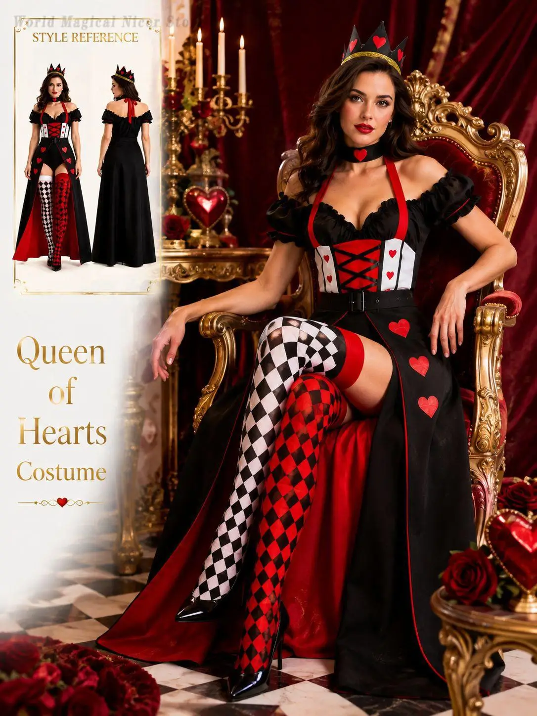 Vestido Largo Estilo Palacio Inspirado en la Reina de Corazones para Mujeres Adultas, Disfraz de Cosplay, Vestido de Fantasía para Halloween, Baile de Máscaras, Actuación, Fiesta