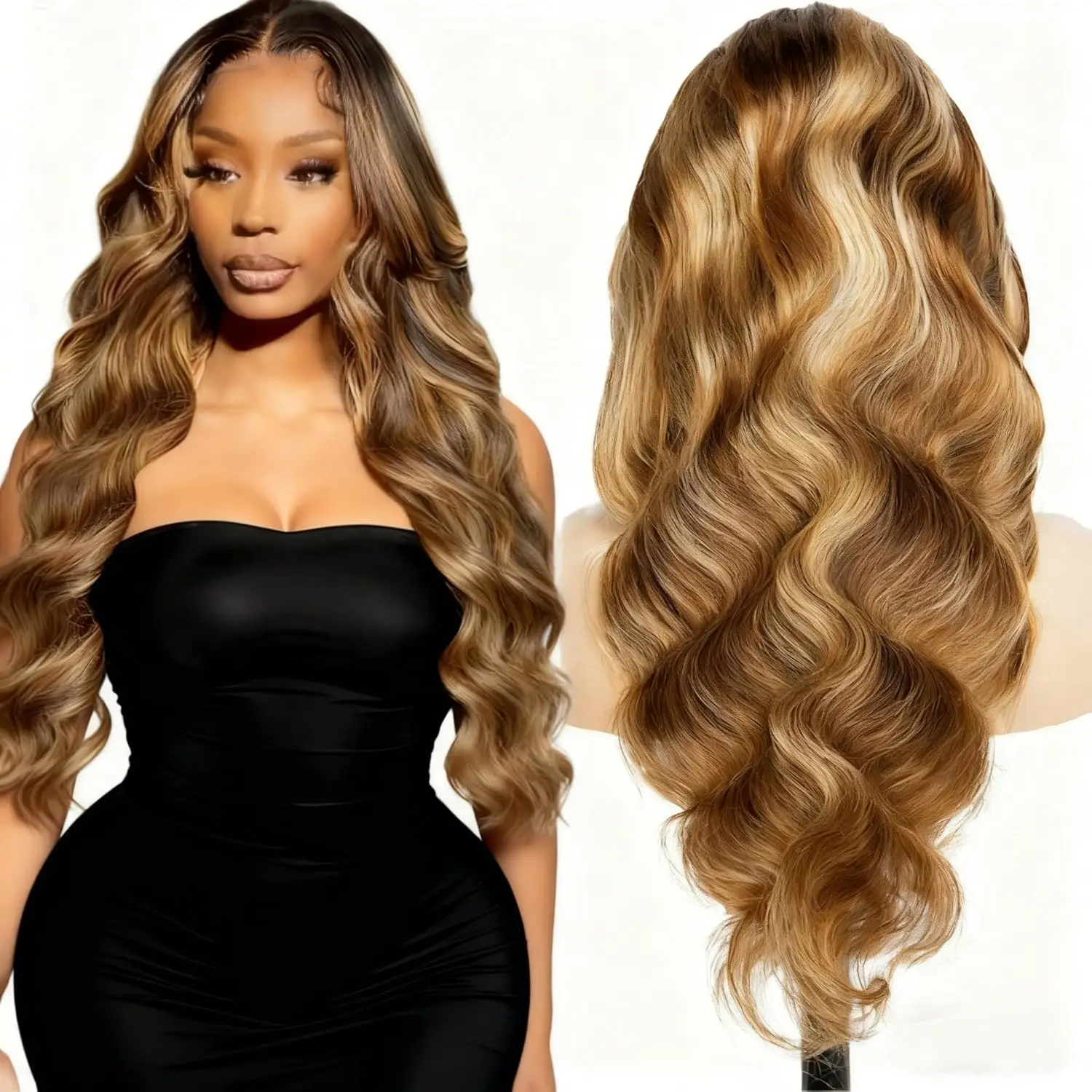 

Парик из натуральных волос Highlight P4/27 Ombre, с кружевной передней частью, цвет медово-блонд, волнистая текстура, кружево 5x5, предварительно выщипанный и обрезанный край, для женщин