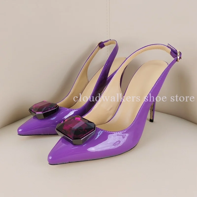 

Women's Elegant Purple Patent Leather Large Gemstone Inlay Pumps Fashion Wrapped Pointed Toe Slingback Back Strap Stiletto Heels