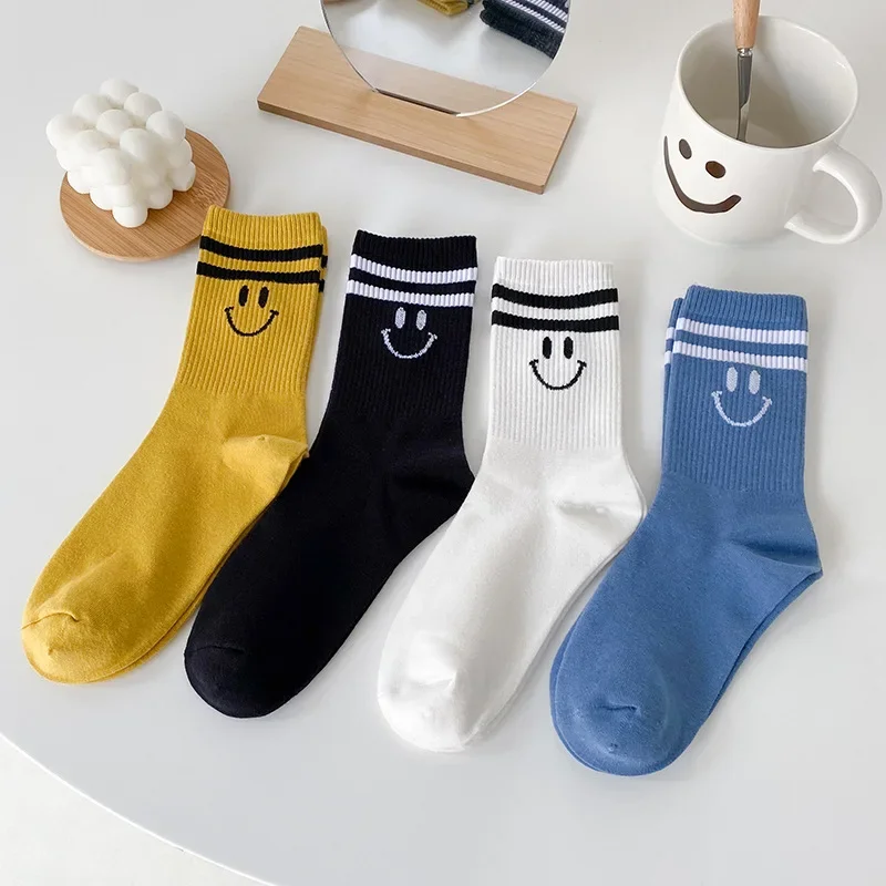 Smile Cartoon Women Socks Cute Cotton Socks Summer White Black Striped Trendy Personality Street Wear sock Female