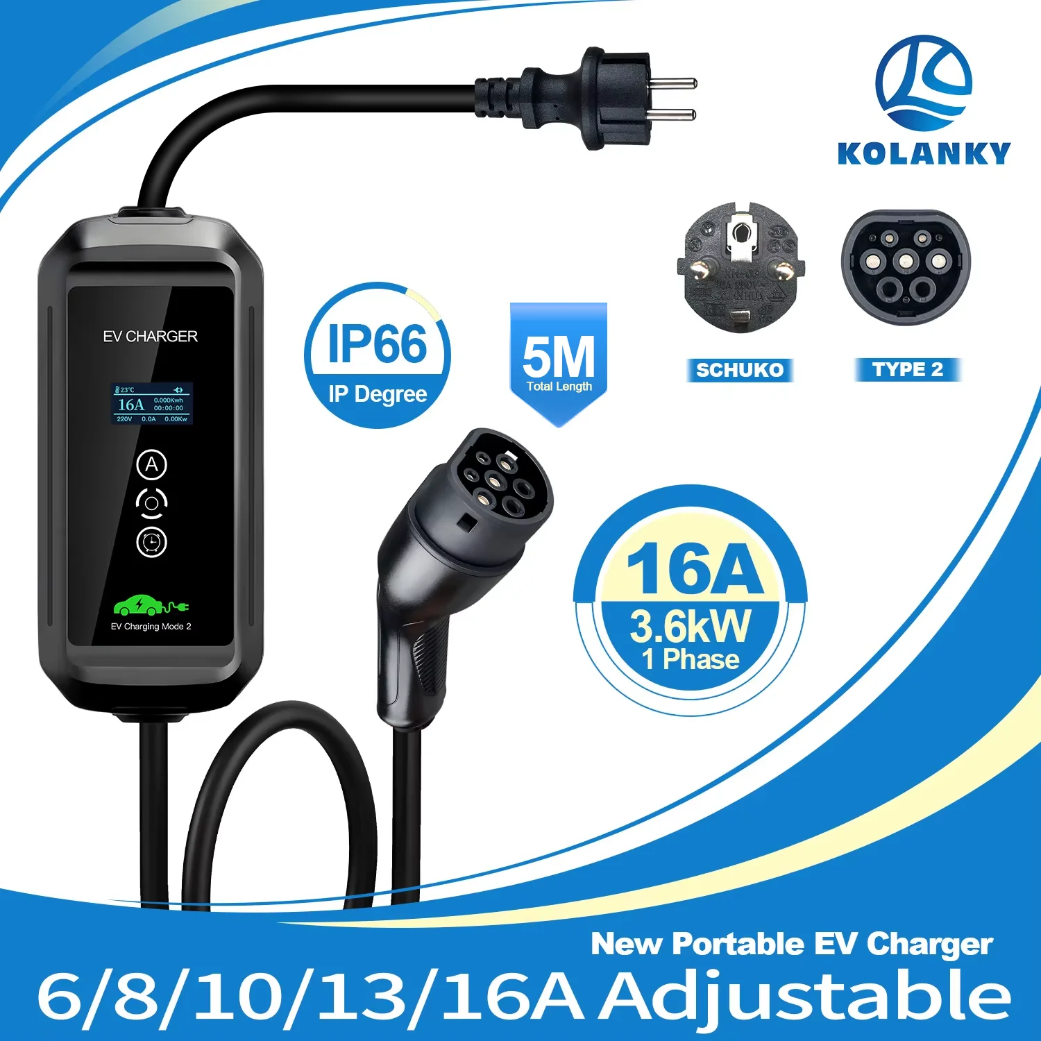 Kolanky IP66 Portable Electric Vehicle Charger Type2 16A 3.6KW Adjustable Current EVSE with 5M Cable for Type 2 EV Car Home Use