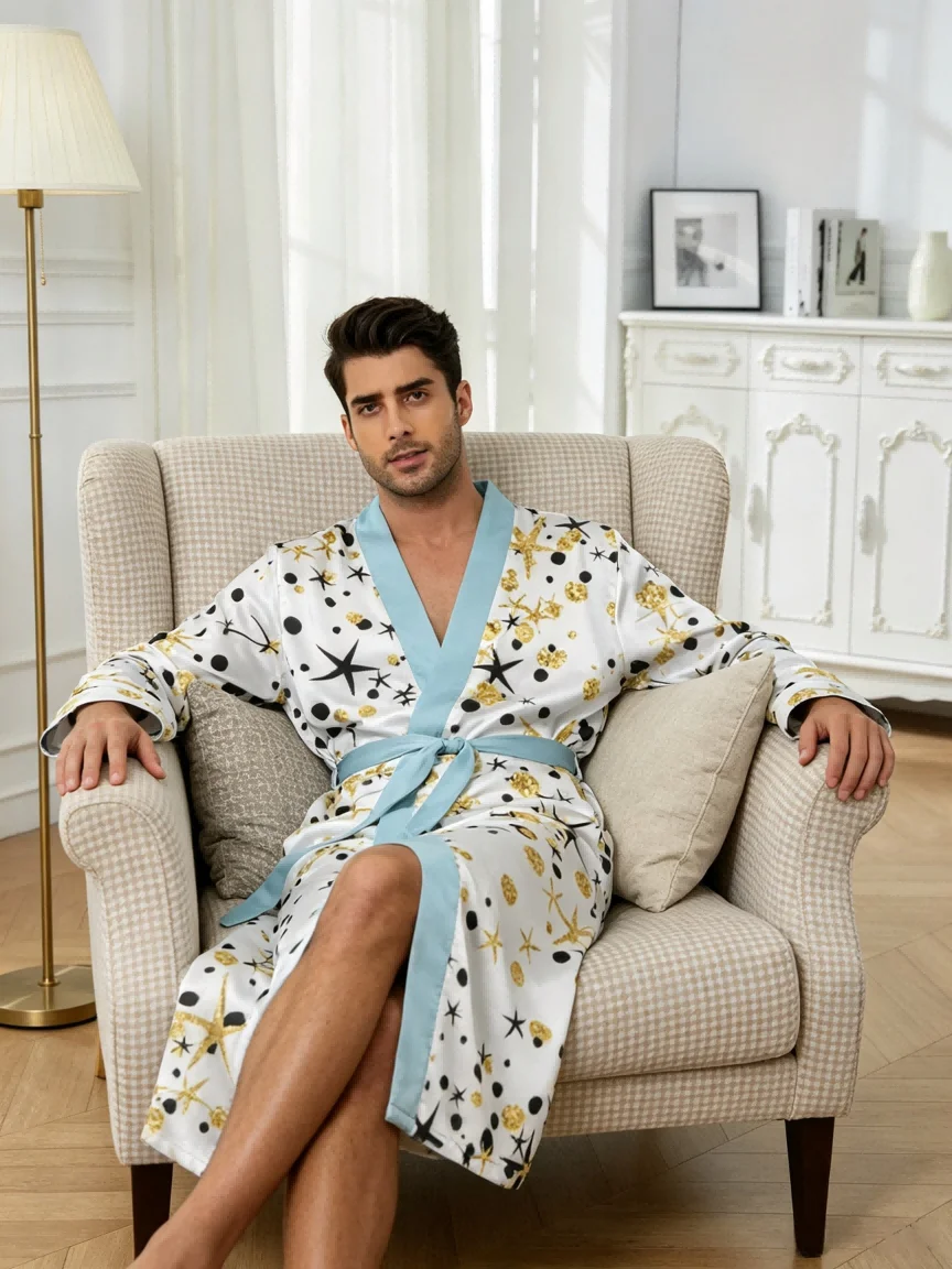 Men's lightweight quick-drying pajama bathrobe - 3D digital printing, non-fading design, stand-up collar and adjustable waistban
