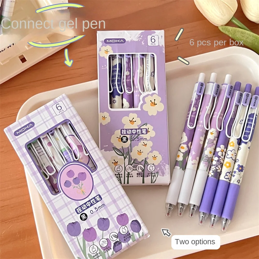 

6 Pcs/Set 0.5mm Neutral Pen Flowers Series Students' High Appearance Value Push Pen Quick Dry Brush Pen Stationery Supplies