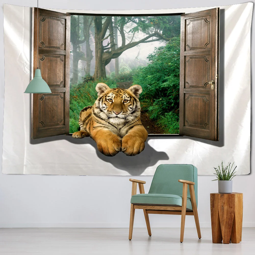 

3D window tiger tapestry animal wall hanging lion elephant cartoon aesthetic room bedroom home decoration hippie wall decoration