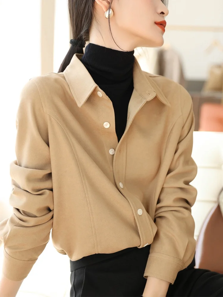 

Thickened Flocking Shirt Women's New Spring Autumn OL Commute Top Layered Wear Inner Base Shirt Coat Winter Neck Button ...