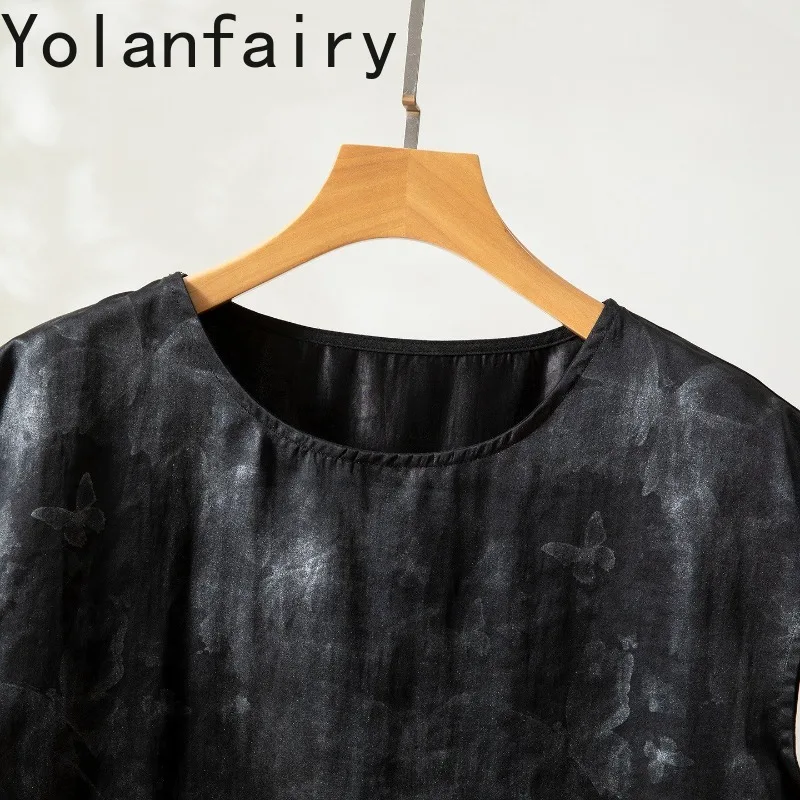 YOLANFAIRY 100% Real Mulberry Silk T Shirt for Women 2026 Summer Tops Gauze Silk Satin T Shirts Woman Clothes Short Tee Shirt