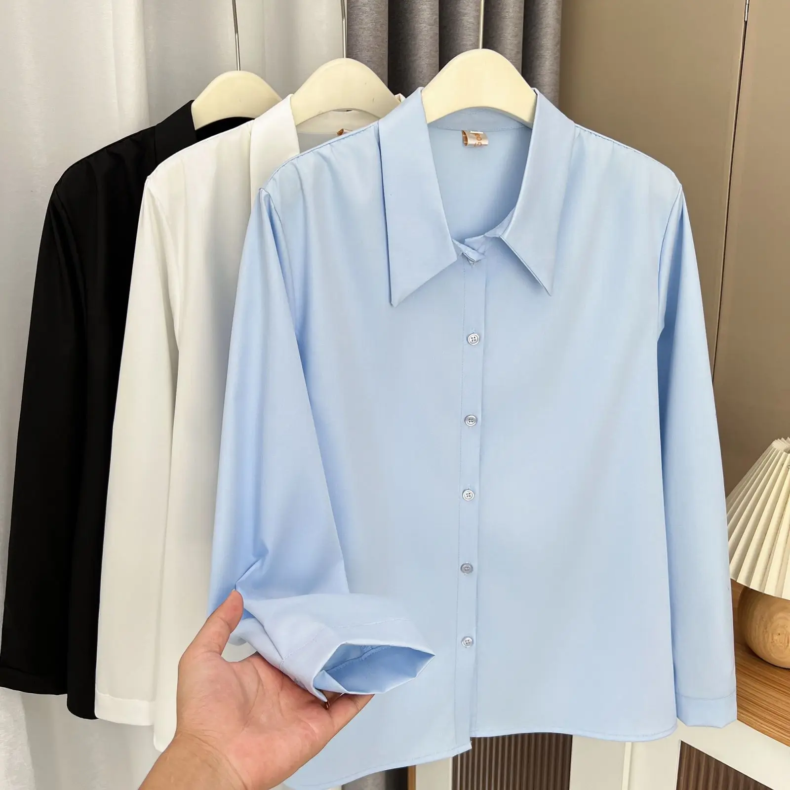 Fashion Pointed Collar Shirt Women Plus Size Autumn Winter 2023 Casual Clothing Draped Anti-wrinkle Blouses Fold Shoulder Tops