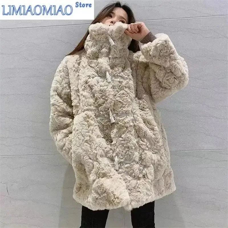 New Autumn Winter All-match Lamb Velvet Thickened Fur Coat Imitation Sable Rabbit Fur Languid Wind Horn Buckle Furry Coat