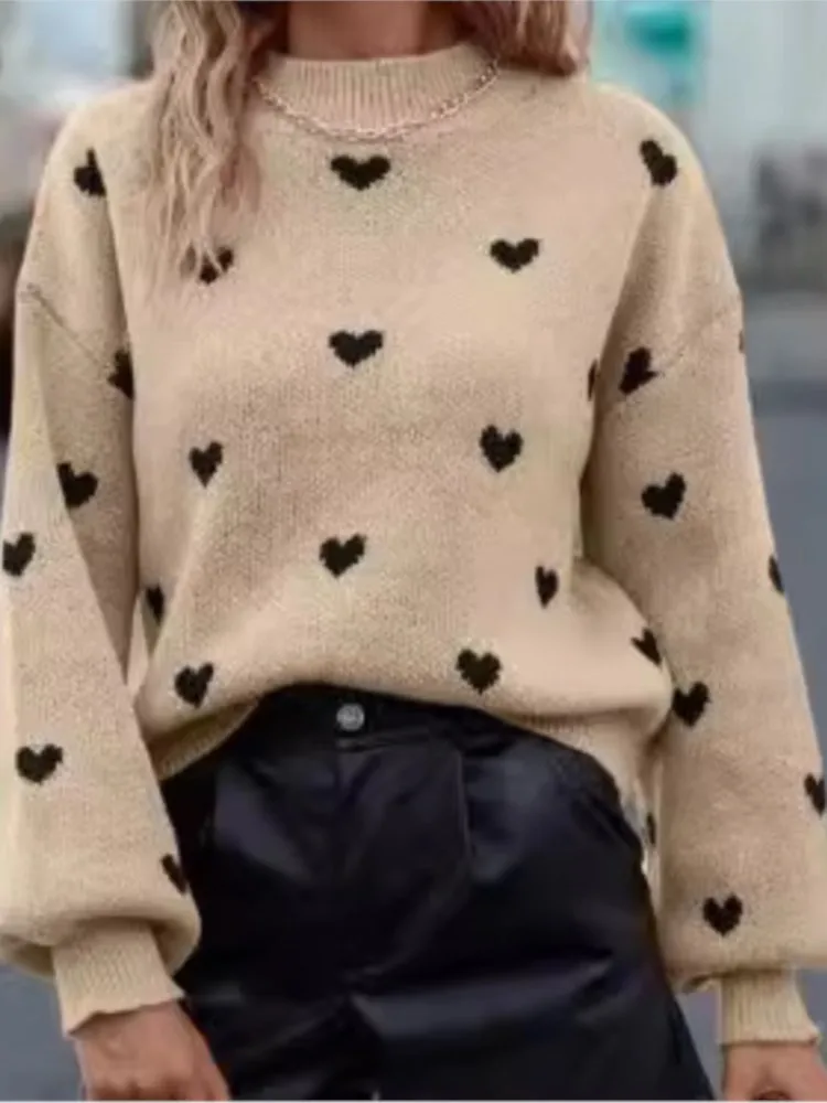 

Sweater Long Sleeve Round Neck Knitted Pullover Love Loose Casual Women's Clothing Commuting All-match Loose Simple Style Trendy
