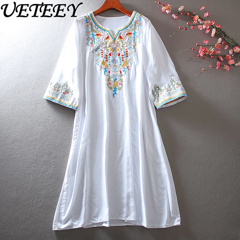 Summer Flared Half Sleeves Beach Dress Women's Retro Ethnic Style Machine Embroidery Mid-Length Loose Leisure Slimming Dresses