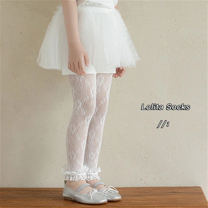 Little Girl's Pantyhose Nylon Ankle-length Socks with Hollow Flower Weaving Patterns，Children's Cute Wide Lace Ruffles Tights