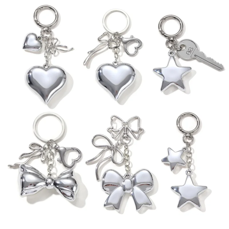 Y2K Big Heart Bow Key Acrylic Keychain Silver Color Star Keyring For Women Men Handbag Decoration Good Gift Handmade Jewelry Set