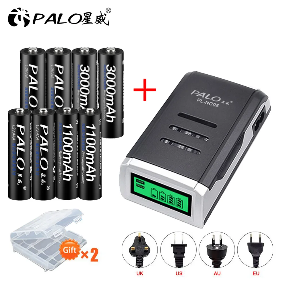 PALO 4/6/8pcs AA rechargeable battery batteria + AAA battery Ni-MH 1.2V batteries with LCD display charger for aa aaa battery