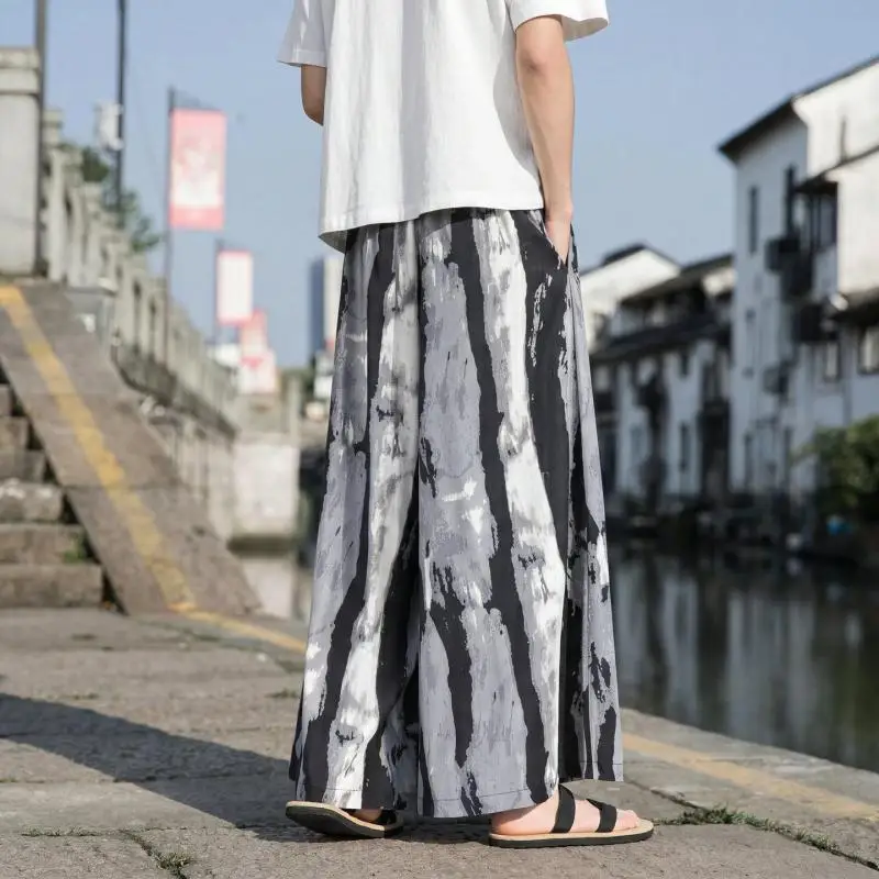 Men's New Chinese Style Ink Wash Bamboo Print Wide Leg Pants Summer Loose Fit Draped Fabric Casual Kimono Trousers for Men view 4