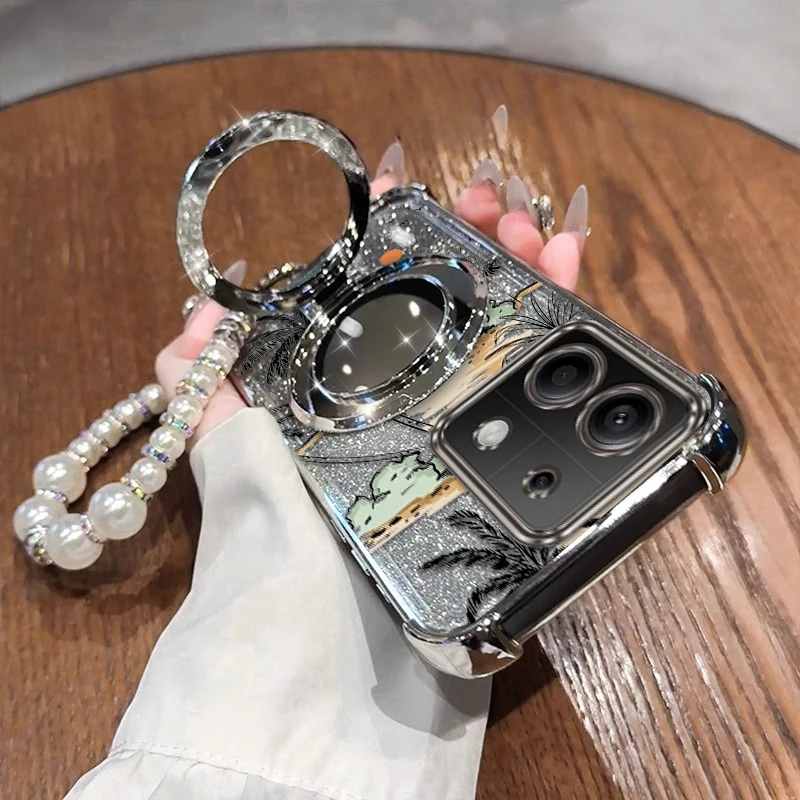 

Note13 Coconut tree Plating Bracelet Holder Phone Case For Xiaomi Redmi 13ProPlus Note 12 13R 12Pro 14Pro 14ProPlus 14 Cover