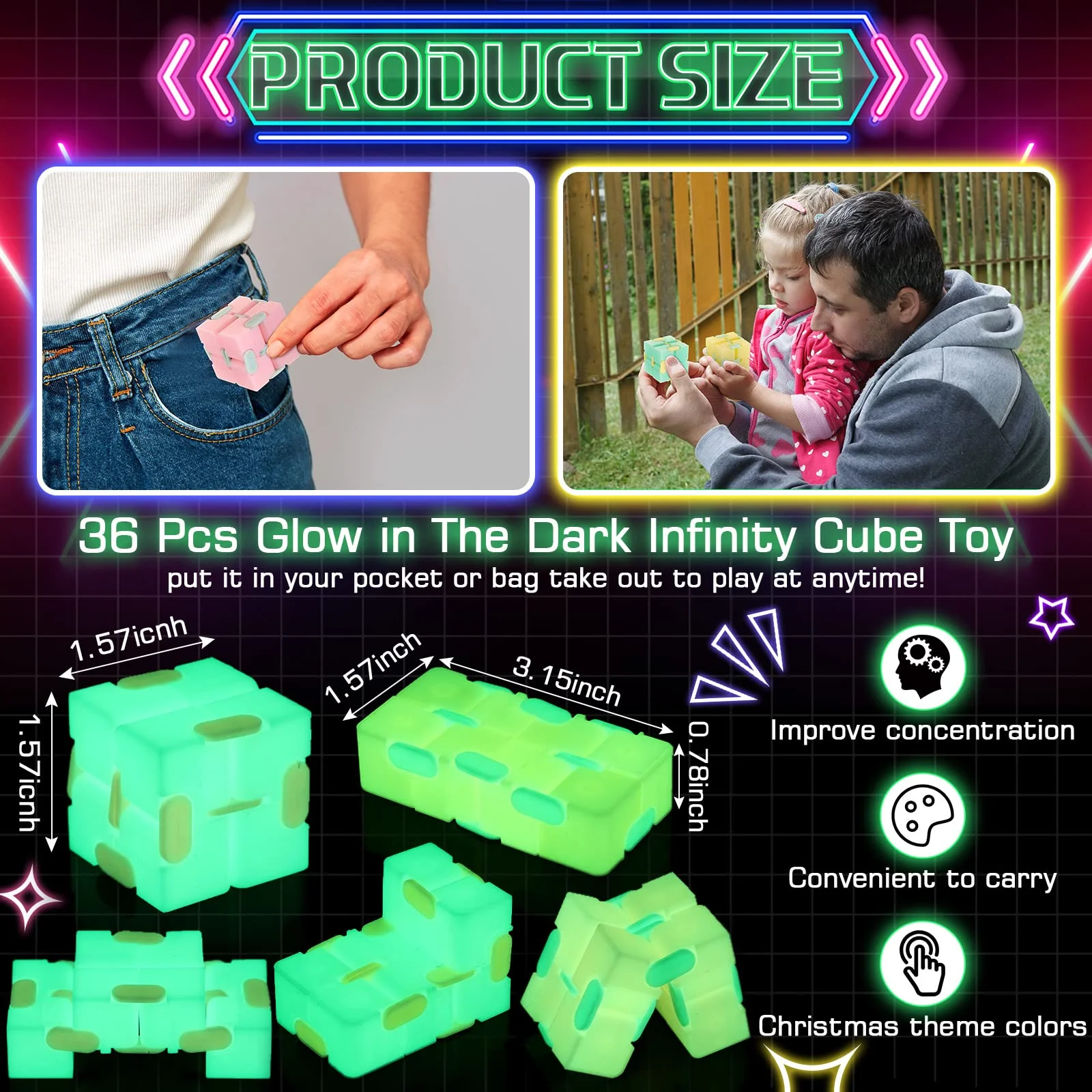 36 Pcs Glow in the Dark Infinity Cubes Fidget Cube Anxiety Relief Fidget Toys Bulk Fun Gadgets Hand Held Magic Sensory