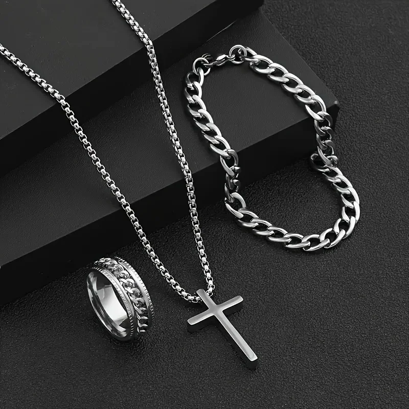 3 Pieces/Set Men\'s Versatile Alloy Jewelry Set, Cross Necklace+Bracelet+Ring Set