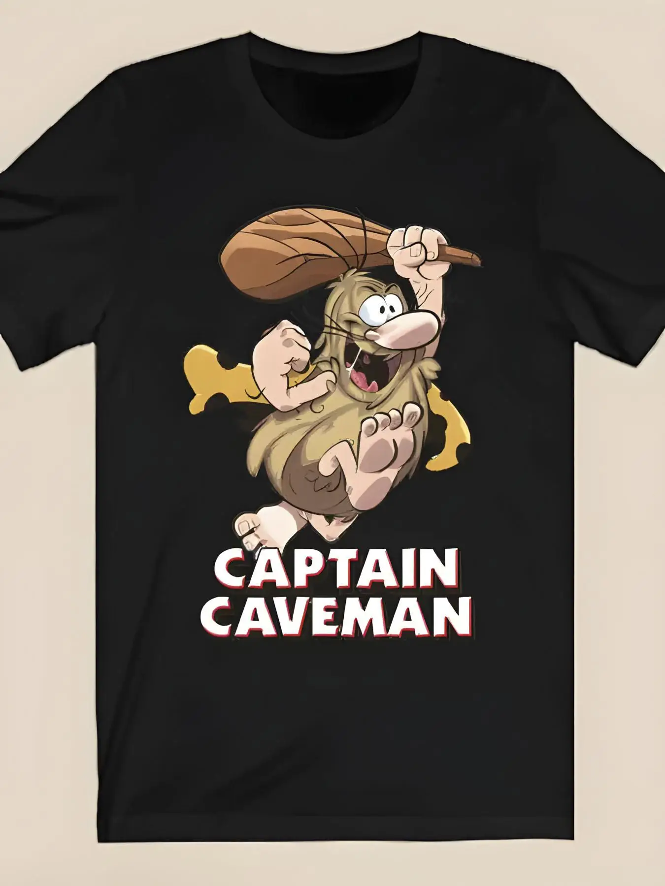 Men'S Plus SizePlus Size Graphic Tee Black T-Shirt with Cartoon Caveman Illustration - Features Wild Hair, Bushy Beard, and Lively Expression, Holding Wooden Club, Bold 'CAPTAIN CAVEMAN' Text, Loose Fit, Soft Fabric, Ideal for Casual Wear