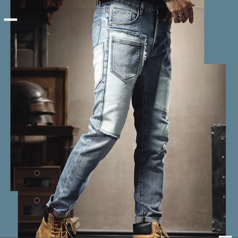 Mens Ripped Splice Jeans Skinny Pants High Quality Casual Slim Fit Vintage Blue Hip Hop Jeans Streetwear Mans Denim Trousers