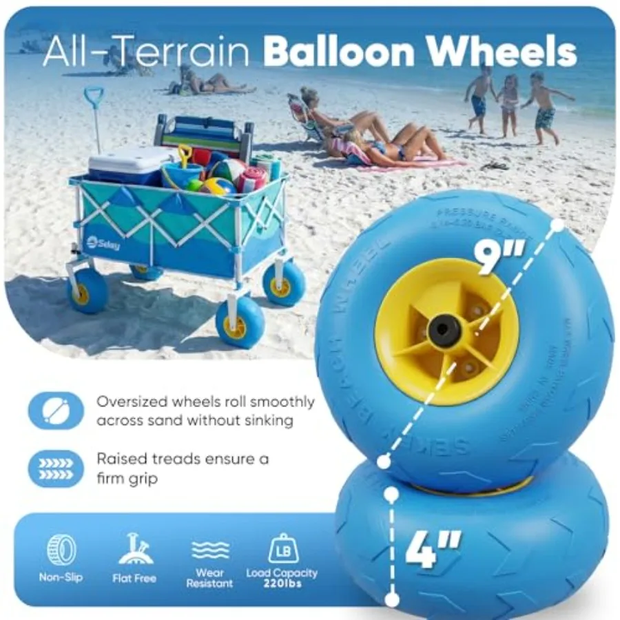 Heavy Duty Beach Wagon for sand, camping, groceries steel frame, black 9 sand-proof wheels, 600lb capacity, 200L foldable cart,