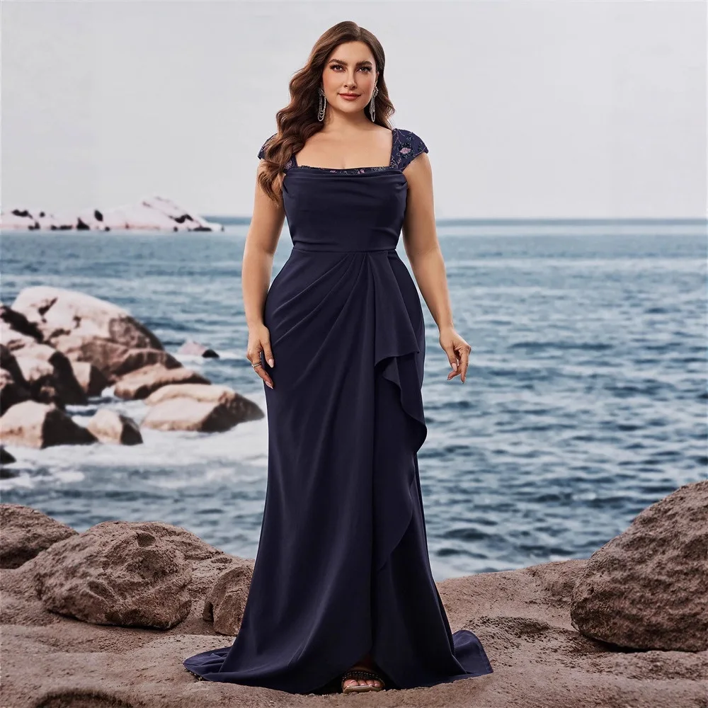 Elegant Curvy Dark Blue Crepe Formal Gown Square Neck Floral Lace Cap Sleeve Front Draped Ruffle Thigh Slit Banquet Dress