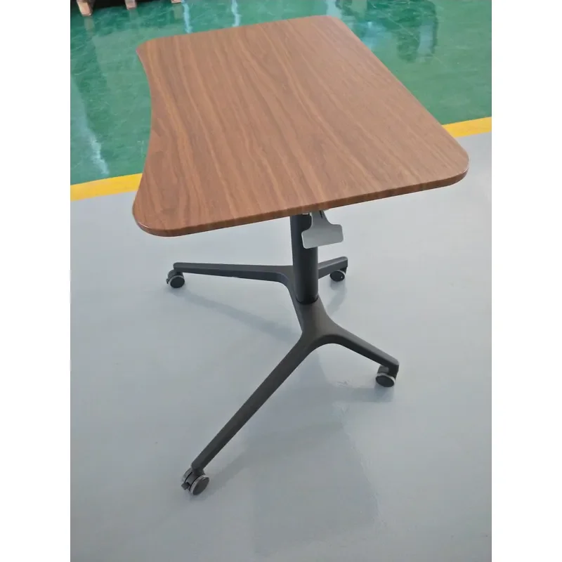 Modern Brown Wooden Laptop Desk Pneumatic Adjustable Height Convertible Retractable Sitting Standing Mobile Ergonomic Design