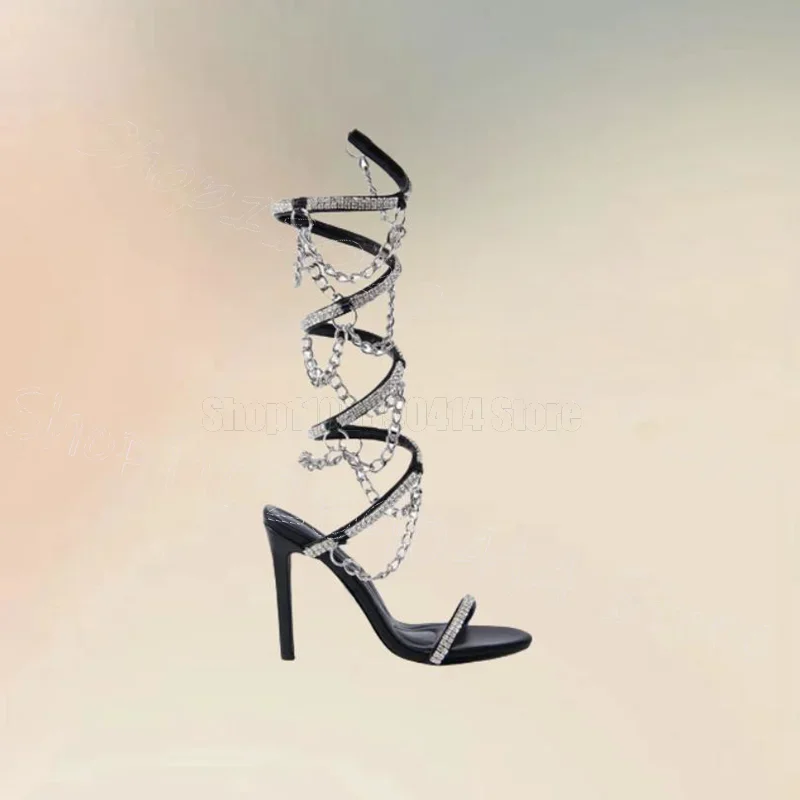 

Silver Chain Crystal Decor Twine Sandals Boots Slip On Women Shoes Thin High Heels Open Toe Party Feast 2025 Zapatos Para Mujere