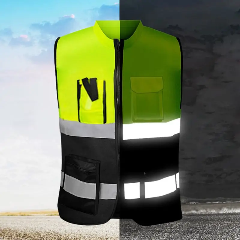 Multi-pockets High Visibility Zipper Front Safety Vest with Reflective Strips and Motorcycle Riding Multipurpose Safety Clothing