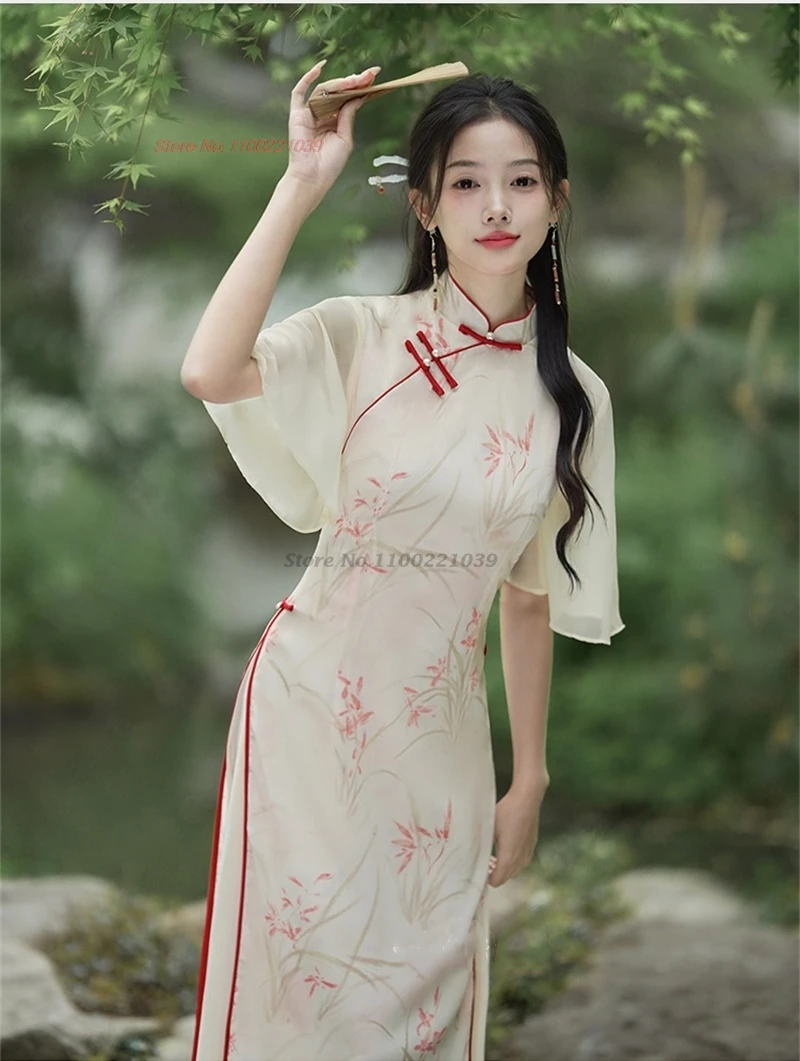 

2024 vietnam traditional dress aodai chinese fairy qipao national flower print improved cheongsam oriental folk a-line dress