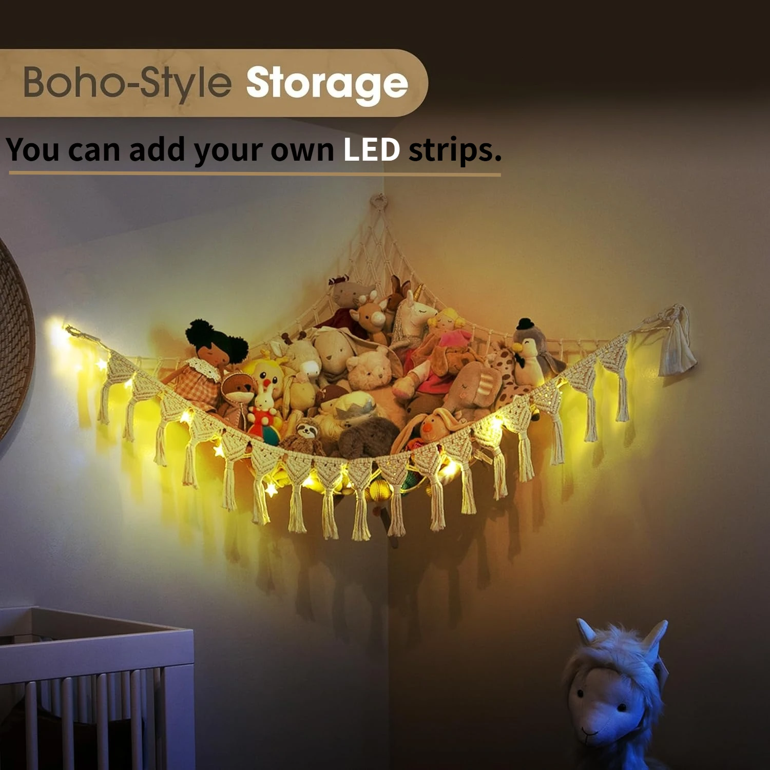 Stuffed Animal Storage Organizers Corner Hanging Ne 60" L Stuffy Animal Hammock Macrame Toy Display Plush Toy Holder Wall, Kid Bedroom Decor Boho Nursery Playroom Organizer 60" L (Cream) - view 5