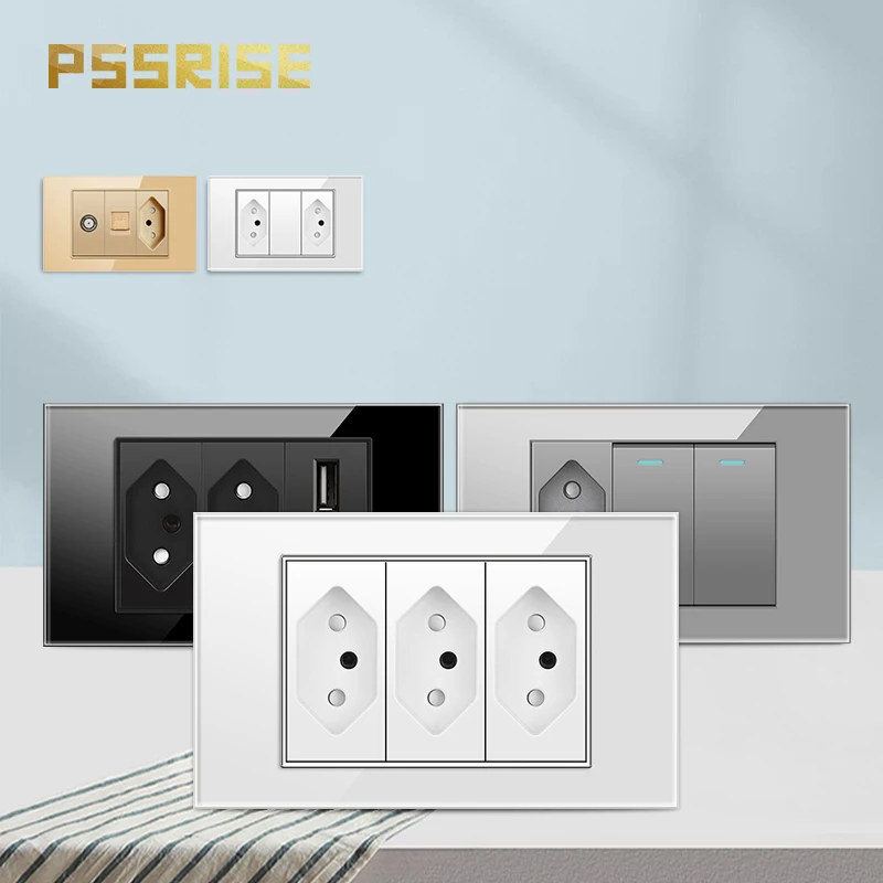 

PSSRISE Brazil Switch Socket with 5V 2.1A USB Type-c Charger Tempered Glass Panel Wall Light Switch TV TEL Computer Power Outlet