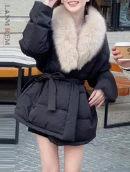 LANMREM Chic Design Large Fur Collar Belt Gathered Waist Cotton Padded Jacket Female Fashion Warm Coats 2024 Winter New 2DB1407