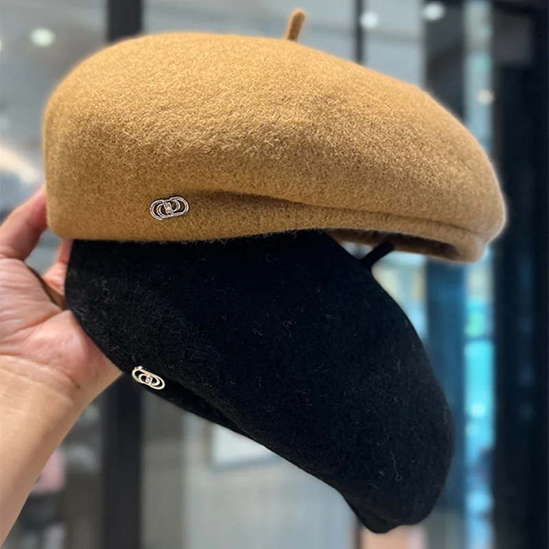 New Fashion Winter Wool Beret For Women Warm Hat Female Autumn Solid Color Cap With Label Outdoor Boina Party Gift  Wholesale