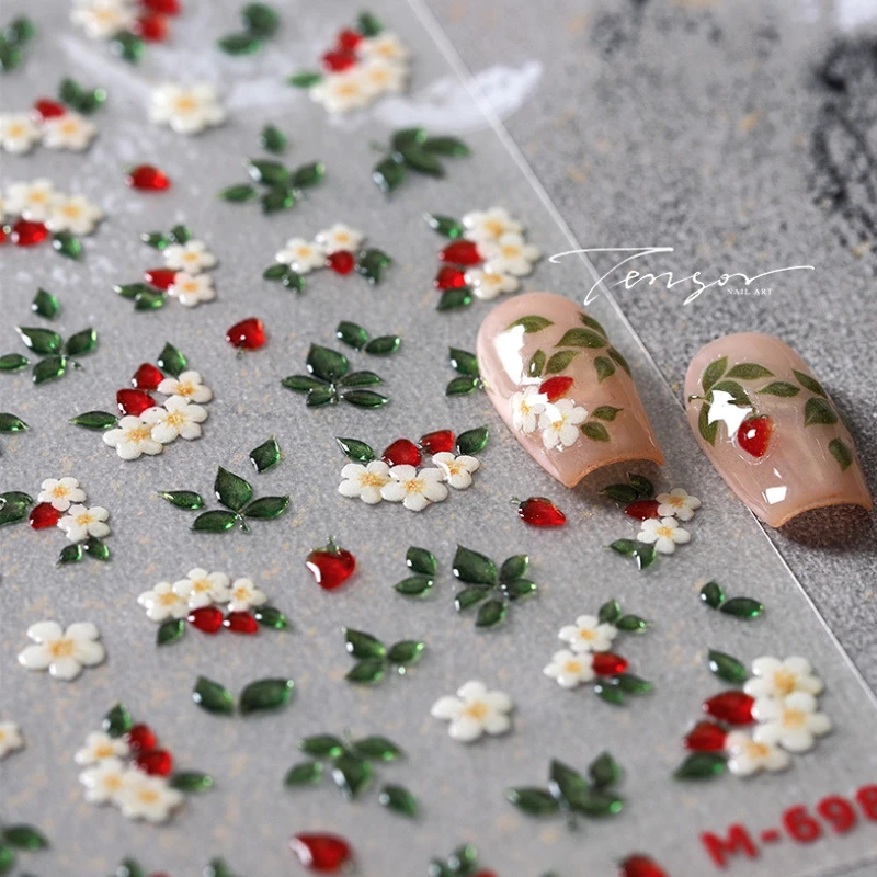 Delicate Chic White Flower Jelly Green Leaves Red Fruits Lily Gardenia Self Adhesive Nail Art Stickers Rhinestone Manicure Decal