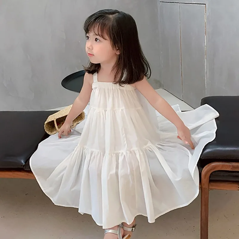 1-7T Summer Girls Dresses Solid Color Sleeveless Cool Beach Dress Cotton Casual Slip Mid Dresses Toddler Kids Suspender Vestidos