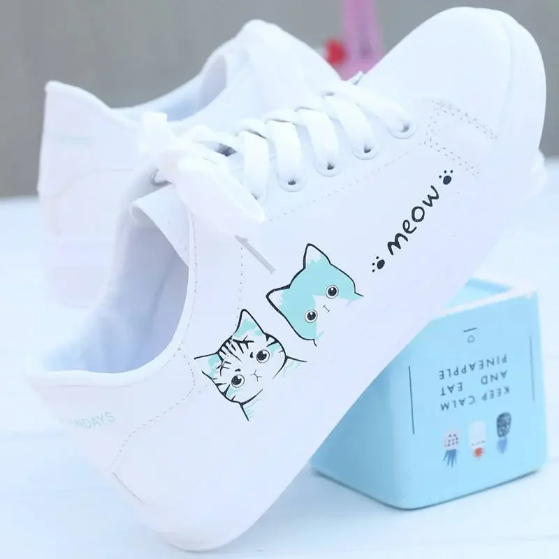 Women Sneakers Fashion Breathble Vulcanized Shoes Pu Cute Cat Cartoon Lace Up Casual White Women Shoes Zapatos De Mujer Female