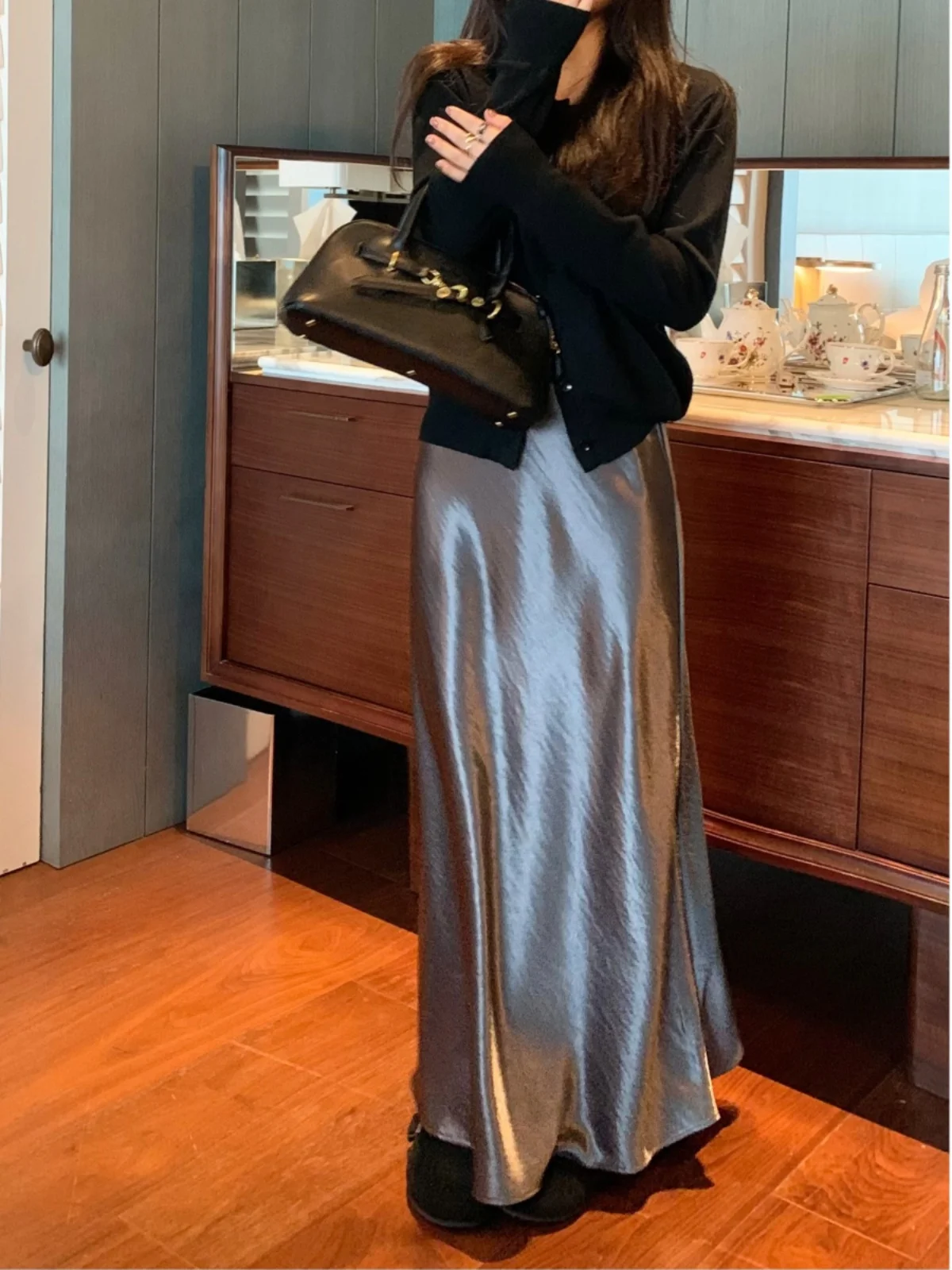 Elegant Satin Drape High Waist Fish Tail Skirt Women's Long Skirt Autumn Commute Korean Sle Other Material Thick A-Line Skirt