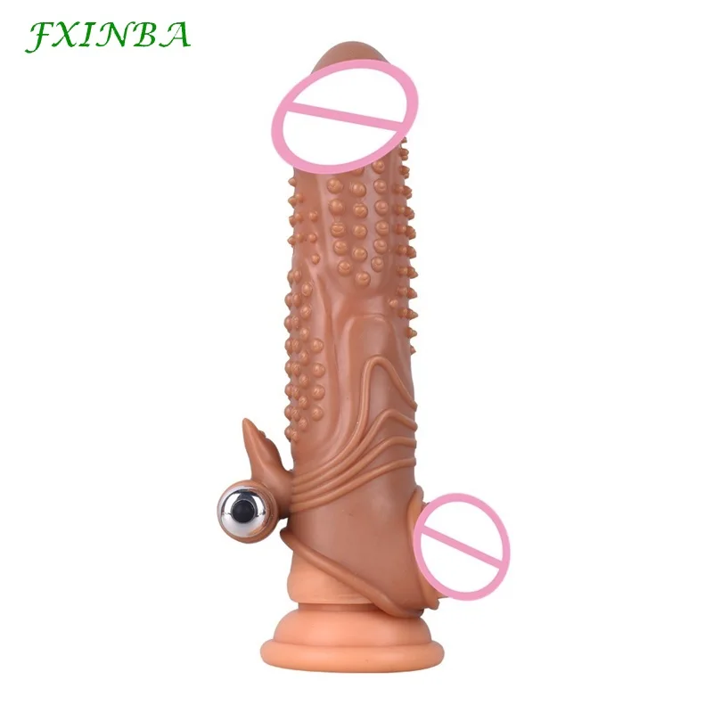 FXINBA 19cm Big Penis Sleeve Extender With Vibration Male Cock Sleeve Spikes Sex Toy For Men Delay Reusable Condom Dick Enlarger