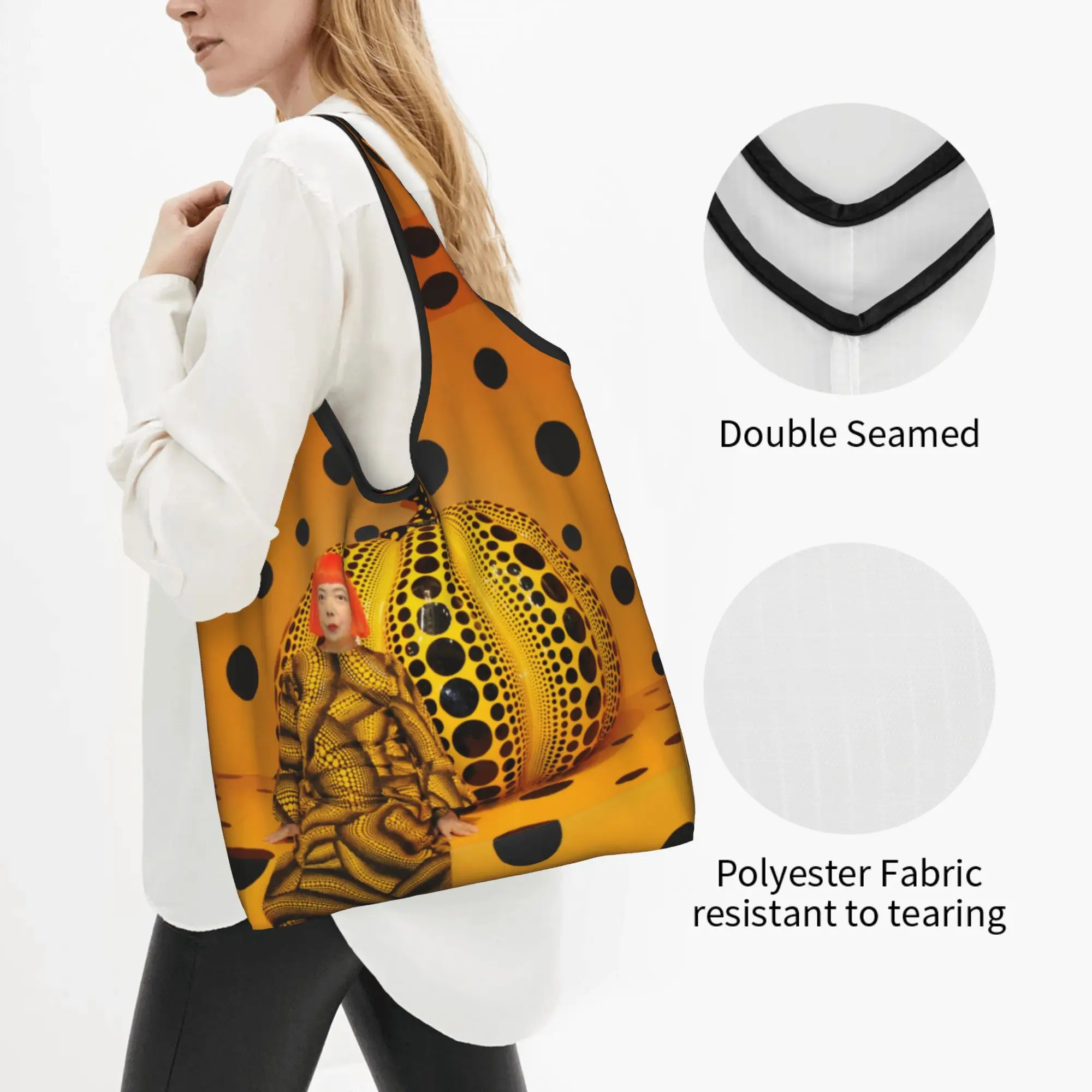 Yayoi Kusama Pumkin Grocery Shopping Bags Kawaii Shopper Shoulder Tote Bags Large Capacity Portable Abstract Art Handbag