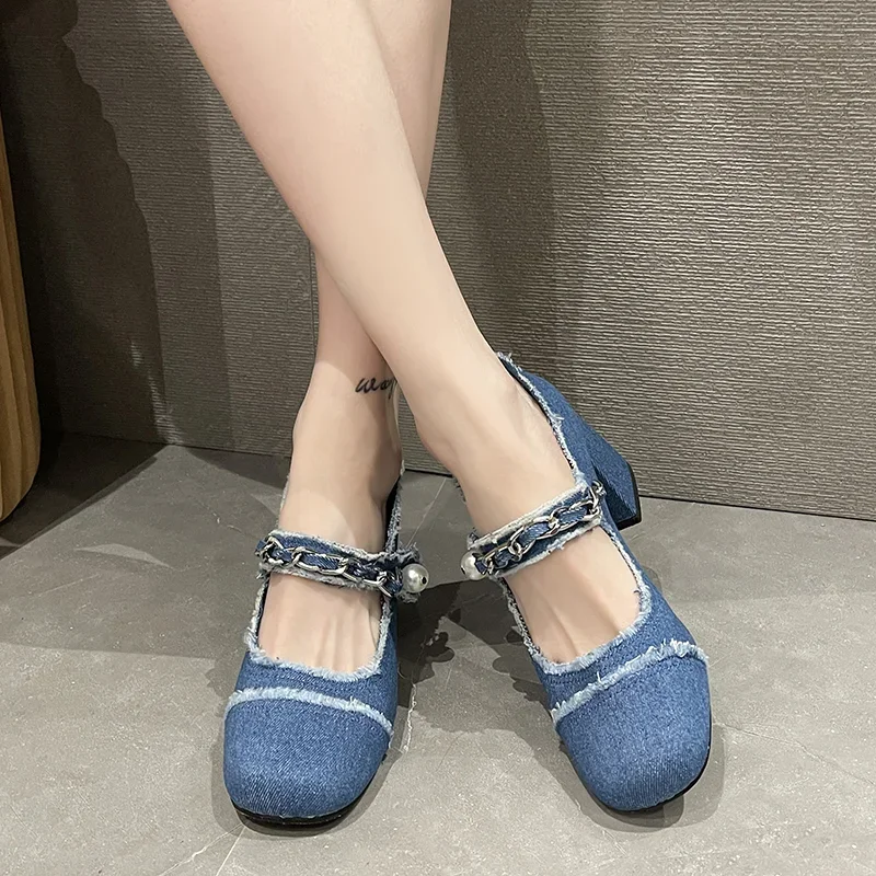 Round Toe High Heel Sandals Women Denim Cloth Pearl Metal Chain Decor Single Shoes Slingback Pumps Spring Retro Party blue Shoes