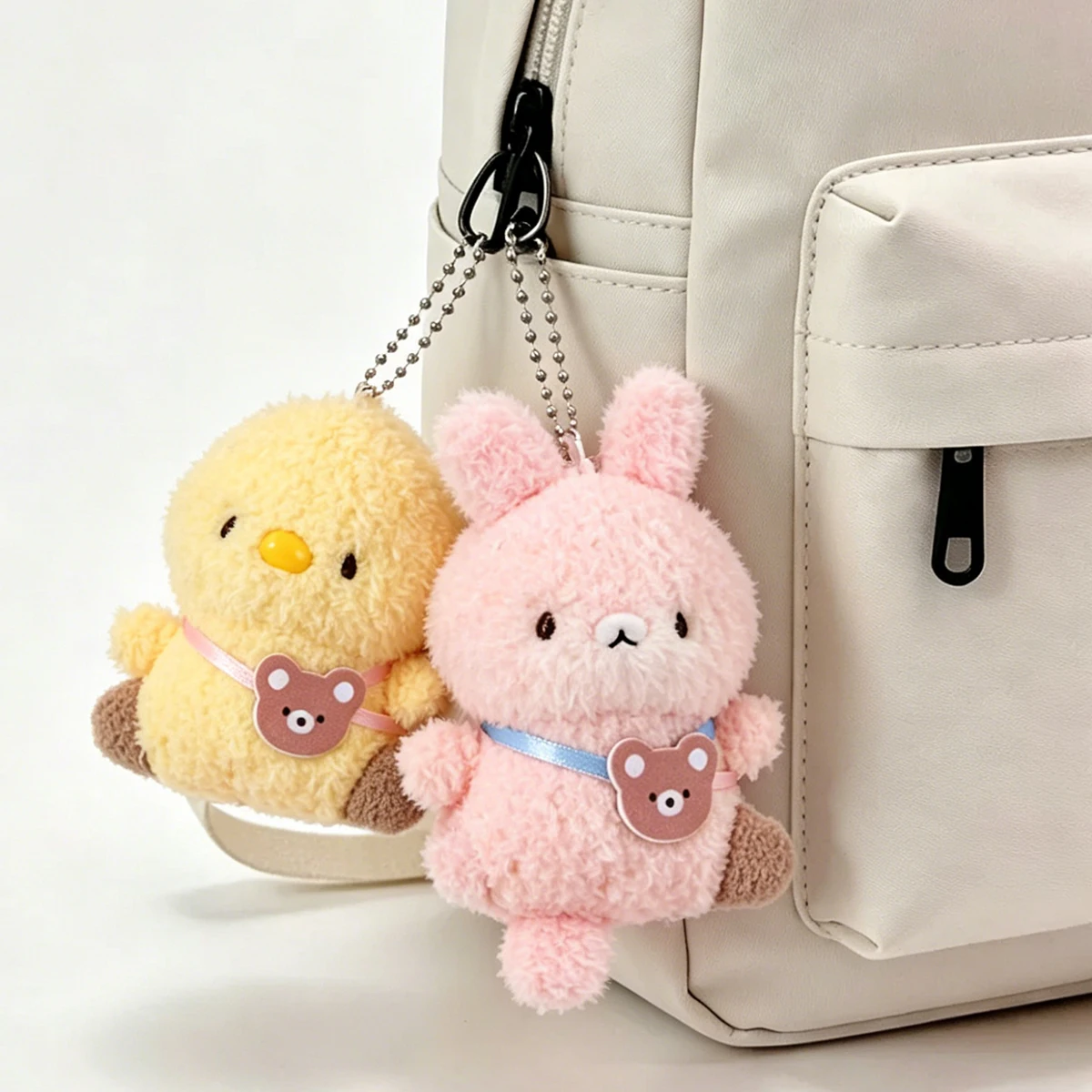 Cute Fluffy Plush Keychain Cartoon Pink Rabbit Yellow Chick Doll Pendant With Bear Tag Soft Stuffed Animal Key Ring Backpack Bag