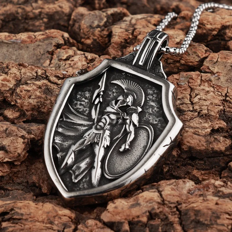 Vintage Carved Spartan Warrior Shield Pendant Necklace, Titanium Steel Ancient Greek War God Unisex Jewelry
