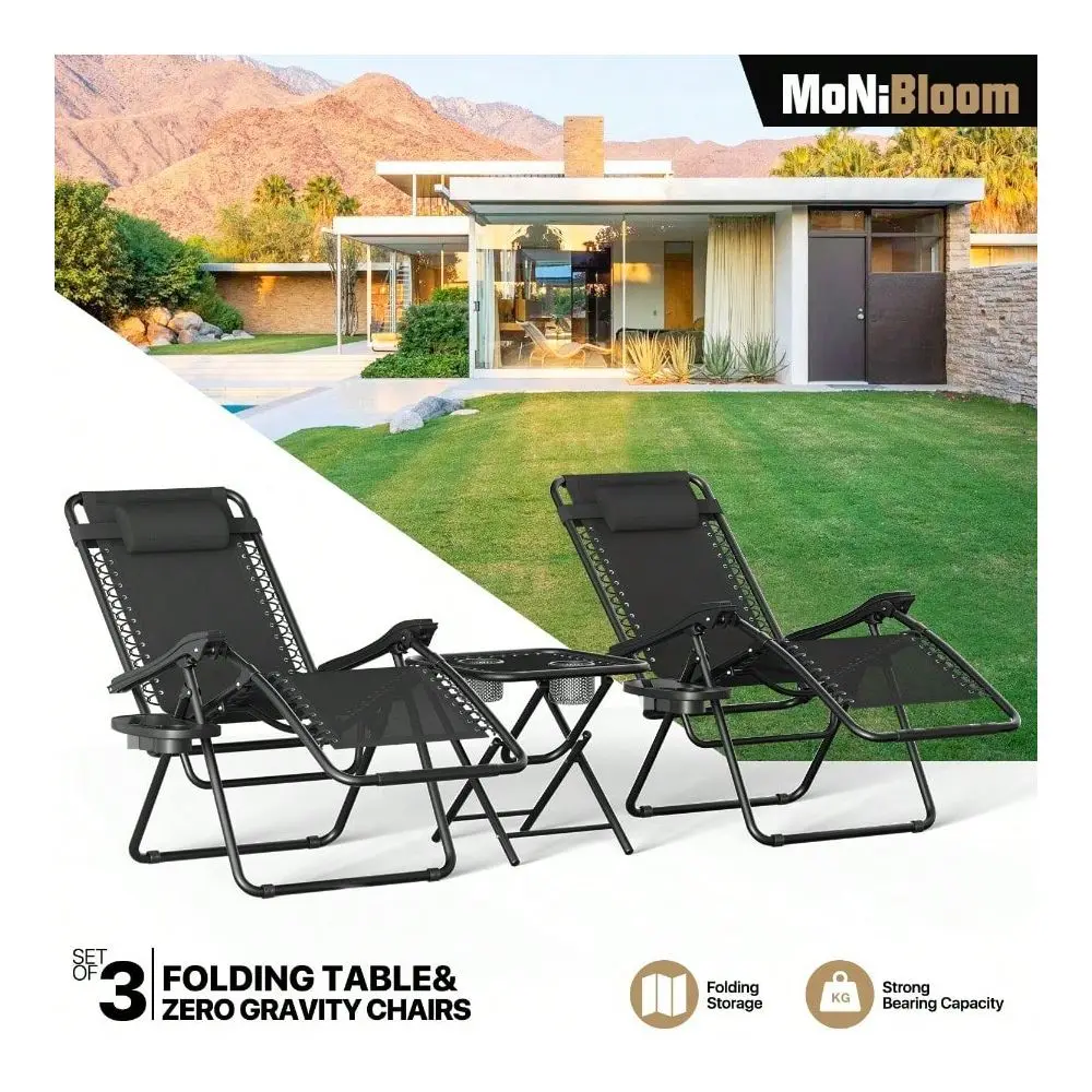 

Outdoor Zero Gravity Chairs 3Piece, Adjustable Folding Reclining Chairs With Folding Table, Pillow And Tray, Pool Patio Lawn Be