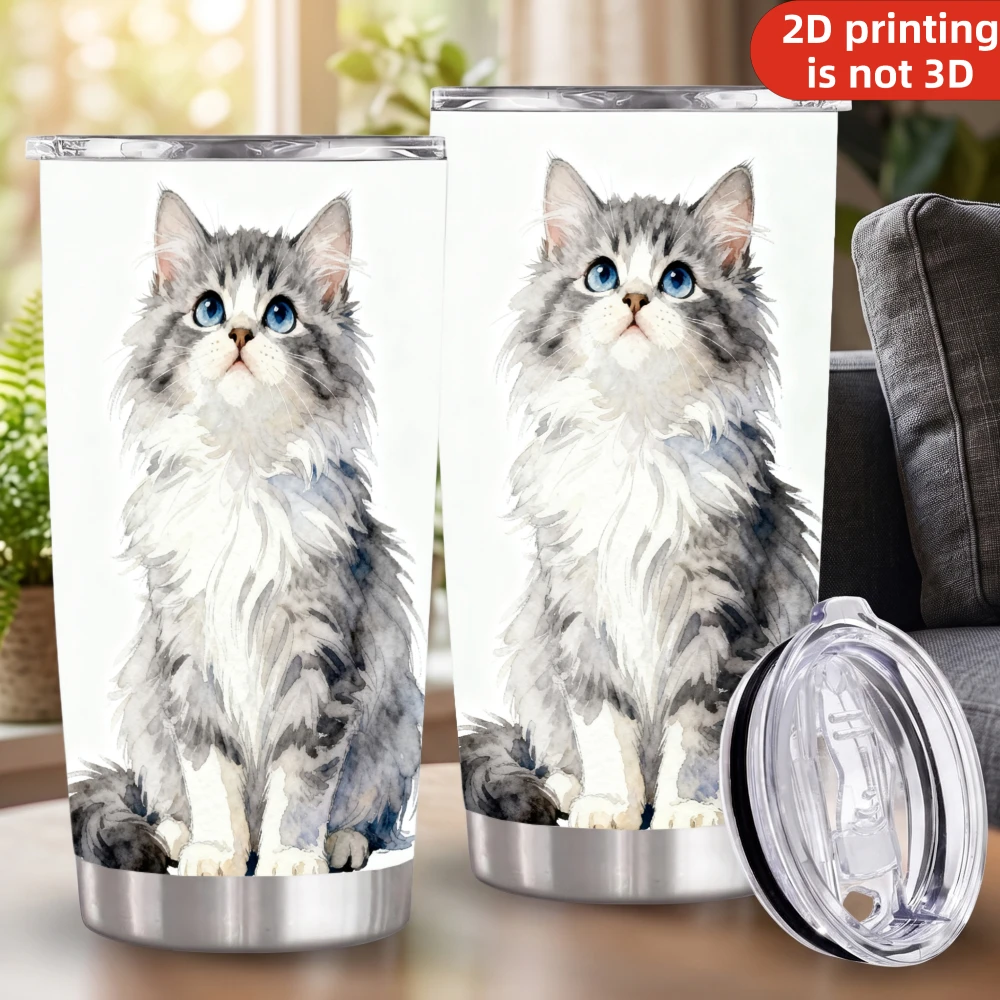 20oz Cute Fluffy Grey Cat Printed Stainless Steel Tumbler with Lid and Straw, Watercolor Longhair Kitten Blue Eyes Vacuum Insulated Travel Coffee Mug Gifts for Cat Lovers