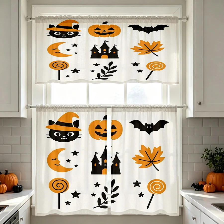 Halloween Fall Kitchen Curtains, Black Cat Witch Pumpkin, Digital Print, Kitchen Dining Room, Rod Pocket Polyester, Home Decor