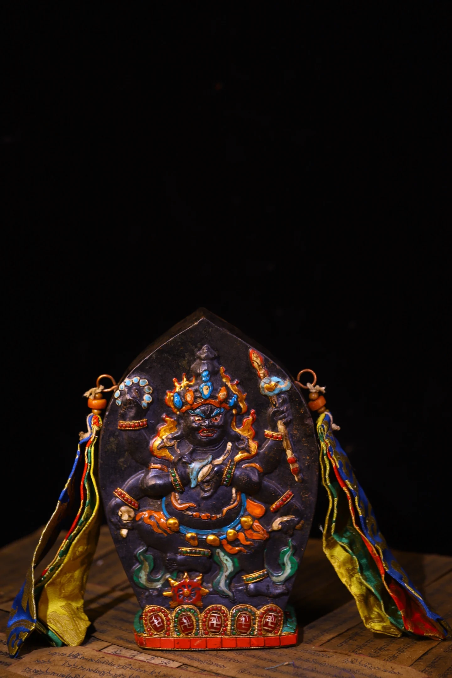 Meteorite Mosaic Gem gZi Beads Turquoise Shell Six arms Mahakala Buddha Plaque  Buddhist Niche Prayer flag Worship Hall